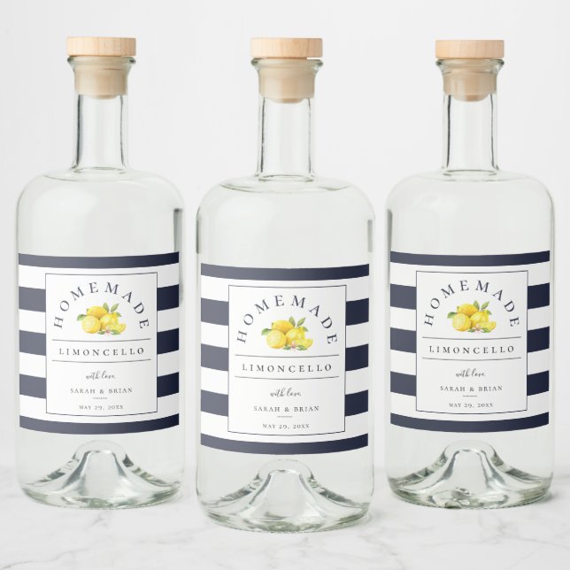 Modern Limoncello Navy Blue Stripe Beverage Label (Bottles)