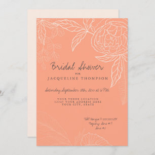 Modern Line Art Blush Peach Floral Peony Bridal Invitation