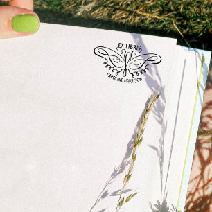 Modern Line Art Butterfly Ex Libris Book Rubber Stamp