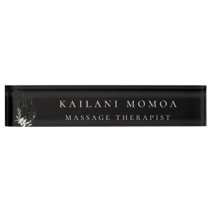 Modern Line Art Feminine Floral Black Nameplate