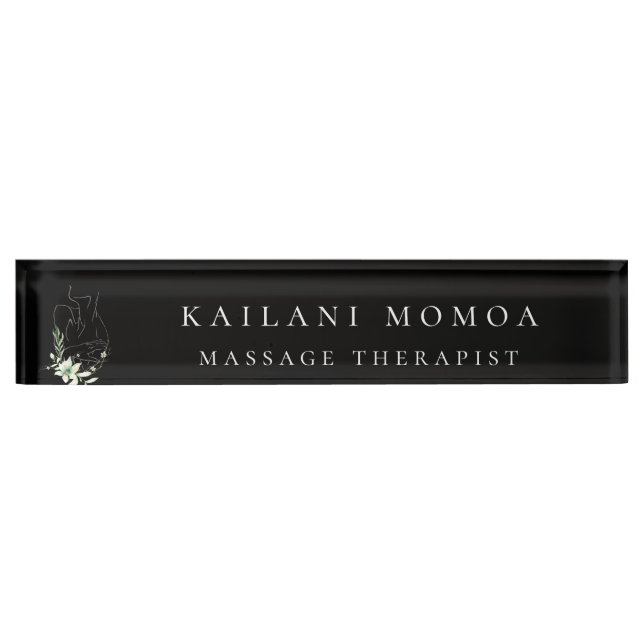 Modern Line Art Feminine Floral Black Nameplate (Front)