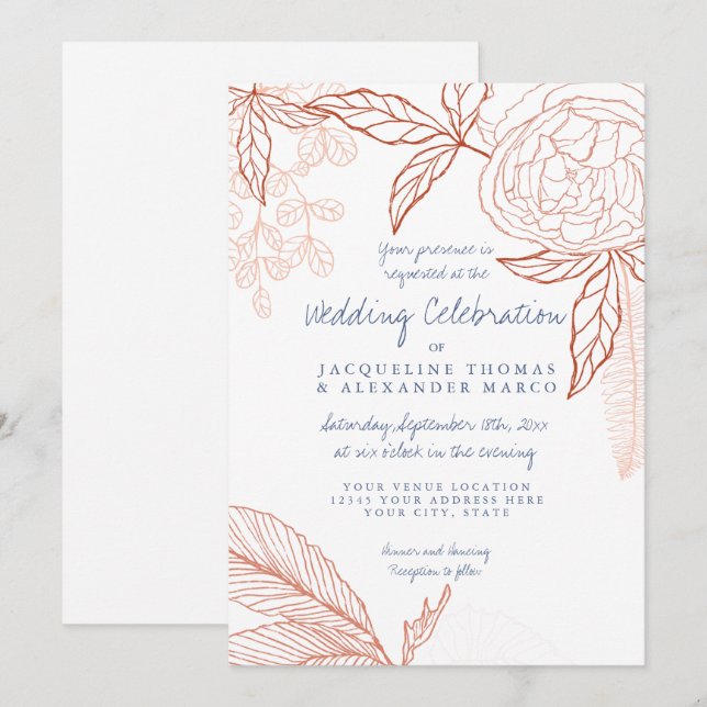 Modern Line Art Floral Peony Leaf Navy Orange Invitation (Front/Back)
