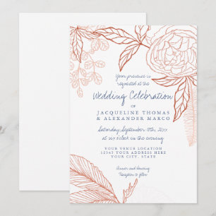 Modern Line Art Floral Peony Leaf Navy Orange Invitation