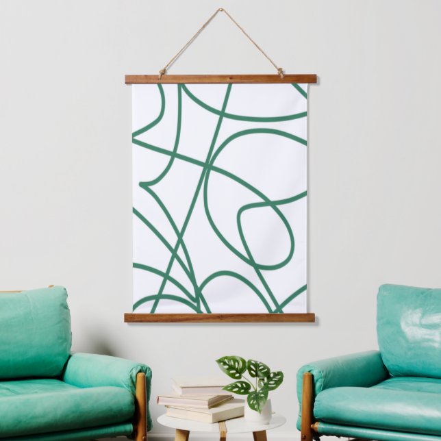 Modern Line Art: Green on White Hanging Tapestry (Living Room)