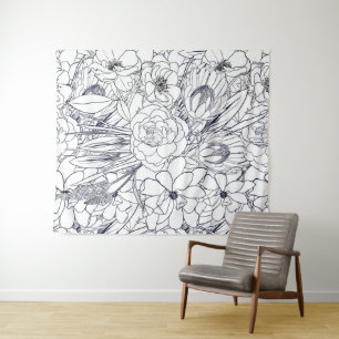 Modern Line Art Hand Drawn Floral Girly Design Tapestry