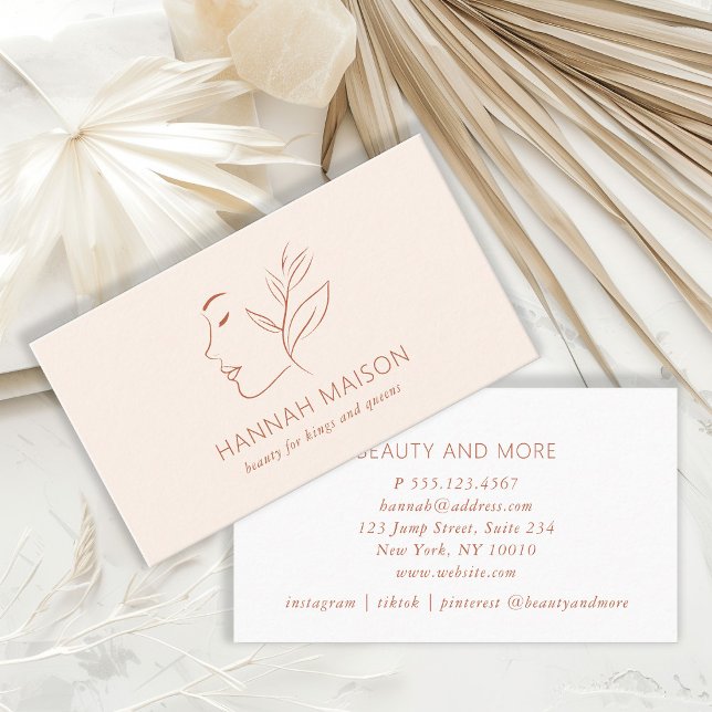 Modern, Line Art, Woman, Leafy, Salon, Beige Business Card (Creator Uploaded)