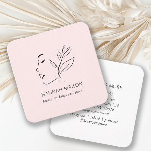 Modern, Line Art, Woman, Leafy, Salon, Light-Pink Square Business Card