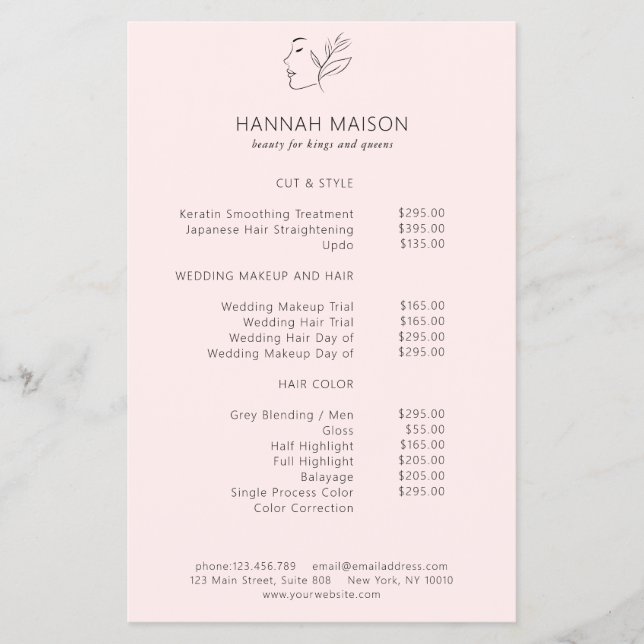Modern, Line Art, Woman, Leafy, Salon, Pricelist Flyer (Front)