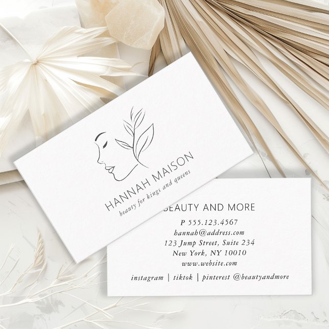 Modern, Line Art, Woman, Leafy, Salon, White Business Card (Creator Uploaded)