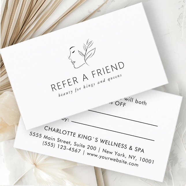 Modern, Line Art, Woman, Leafy, Salon, White Referral Card (Creator Uploaded)