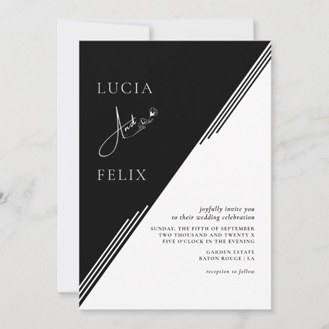 Modern Line Chic Black & White Photo Wedding Invitation (Front)
