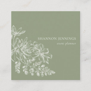 Modern Line Drawing Sage Green Square Business Card