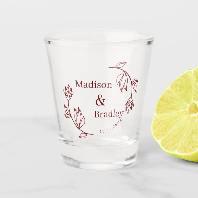 Modern Line Floral Couple Monogram Wedding Favour Shot Glass (Front)