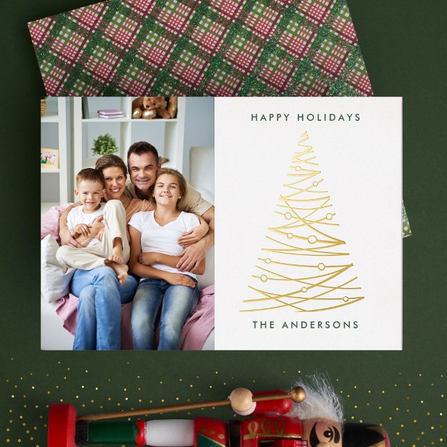 Modern Line Gold Christmas Tree | Photo Happy Foil Holiday Card (Creator Uploaded)