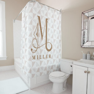 Modern Line & Grid Pattern Monogram M Tan Shower Curtain