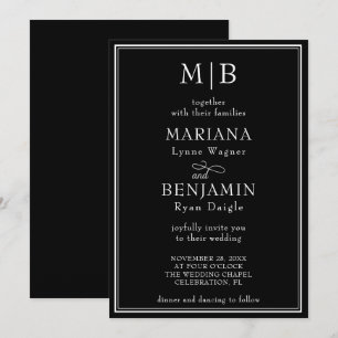 Modern Lined Border Minimalist Black Wedding Invitation