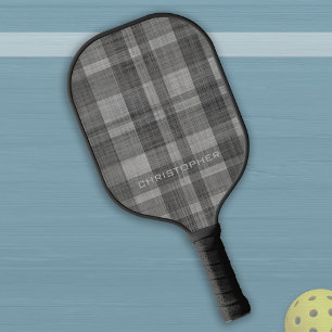 Modern Linen Plaid Pattern with Name - black grey Pickleball Paddle
