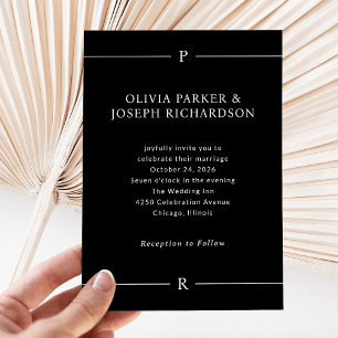 Modern Lines and Monogram Dark Black Wedding Invitation
