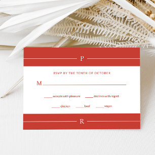 Modern Lines and Monogram Poppy Red Wedding RSVP Card