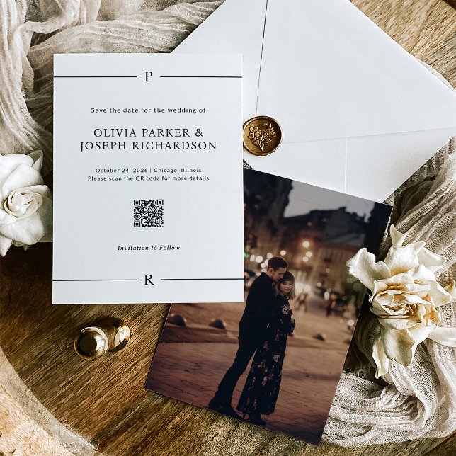 Modern Lines and Monogram White QR Code and Photo Save The Date (Creator Uploaded)