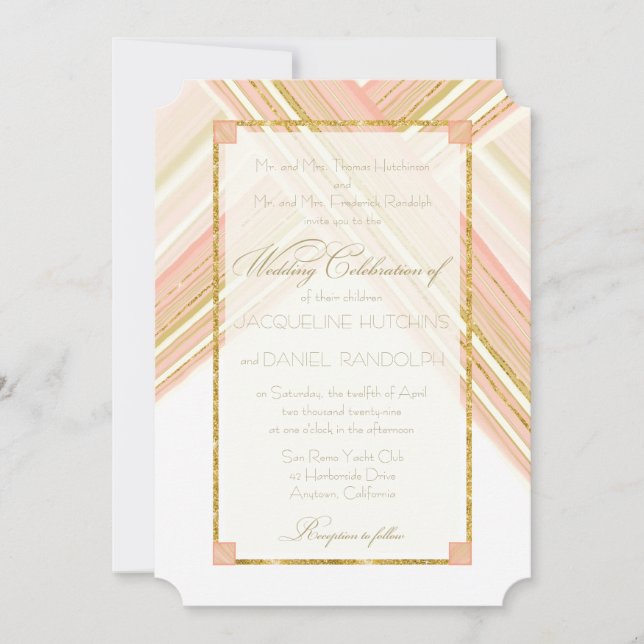 Modern Lines Art Deco Blush Gold Glitter Wedding Invitation (Front)