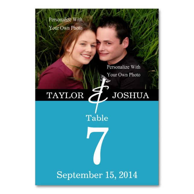 Modern Lines Vibrant Teal Photo Table Card (Front)