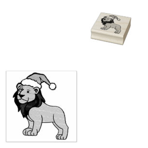 Modern Lion Wearing Santa Hat Rubber Stamp