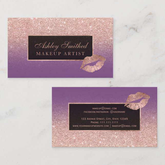 Modern lips rose gold glitter purple ombre makeup business card (Front/Back)