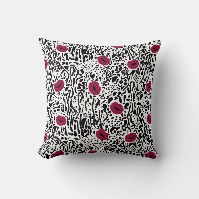 Modern Lipstick Lips B&W Pattern Cushion (Front)