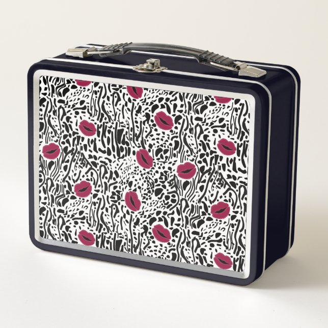 Modern Lipstick Lips B&W Pattern Metal Lunch Box (Front)