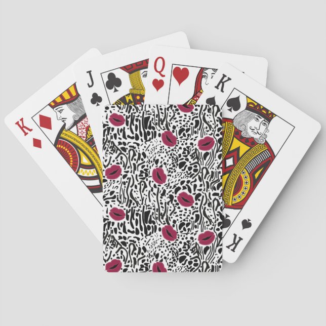 Modern Lipstick Lips B&W Pattern Playing Cards (Back)