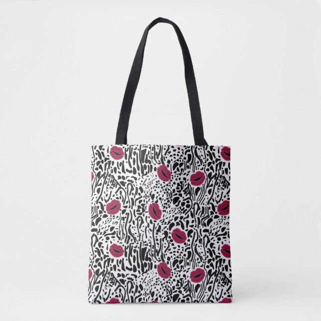 Modern Lipstick Lips B&W Pattern Tote Bag (Front)