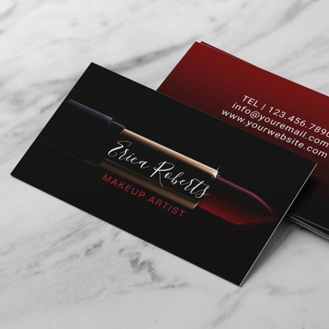 Modern Lipstick Makeup Artist Black & Red Salon Business Card (Creator Uploaded)