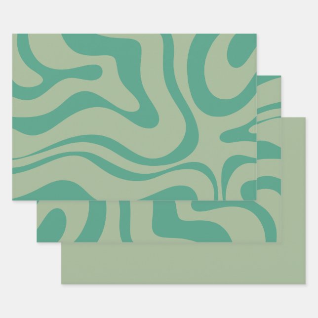 Modern Liquid Swirl Trendy Sage Abstract Pattern Wrapping Paper Sheet (Set)