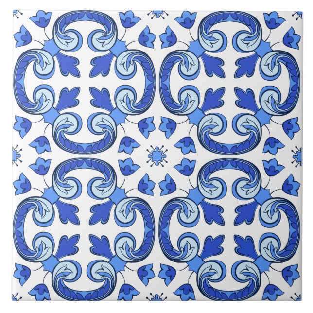 Modern Lisbon Blue Indigo Mosaic Azulejos Ceramic Tile (Front)