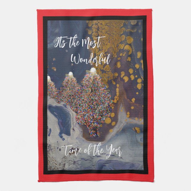 Modern Lit Christmas Tree Design Tea Towel (Vertical)