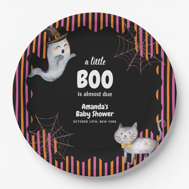 Modern Little Boo Ghost Cat Baby Shower  Paper Plate (Front)