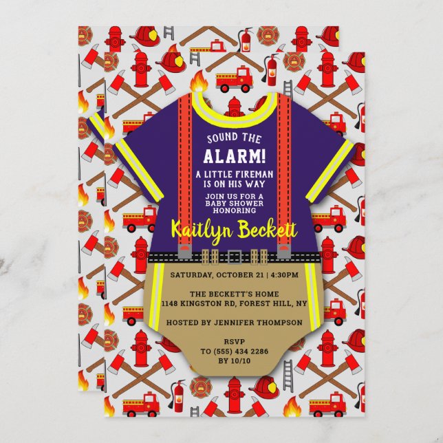 Modern "Little Fireman" Boys Baby Shower Invitation (Front/Back)