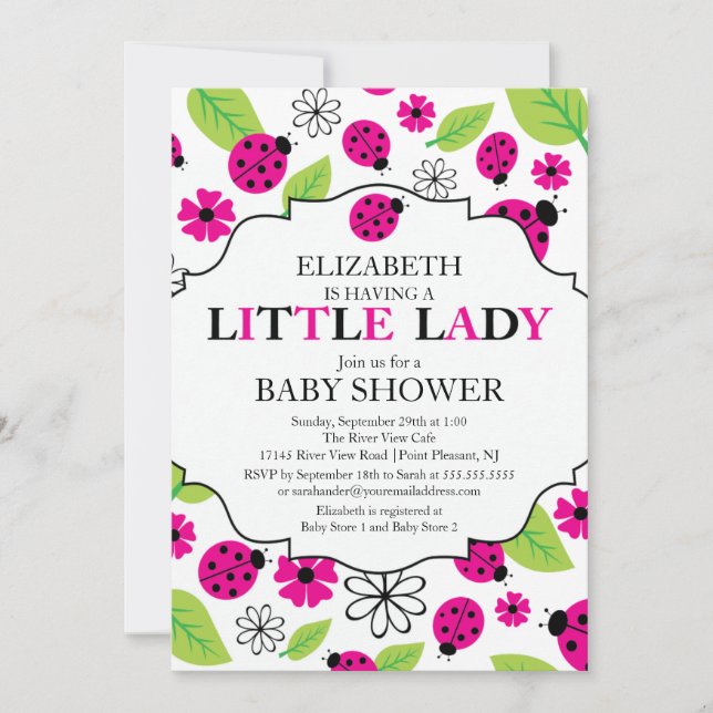 Modern Little Lady Pink Ladybug Baby Shower Invitation (Front)