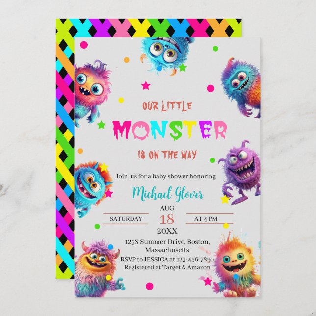 Modern Little Monsters Watercolor baby shower Invi Invitation (Front/Back)