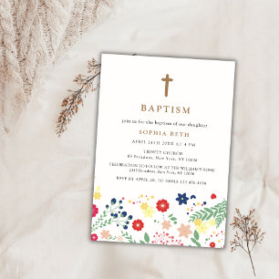 Modern Little Wildflower Pattern Cross Baptism  Invitation