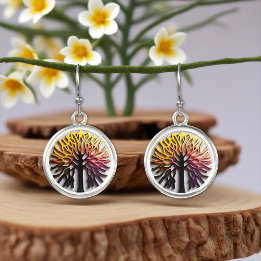 modern living tree hologram yellow orange black earrings