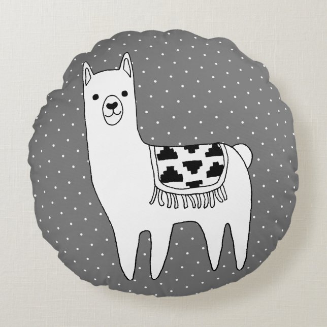 Modern Llama Sketch & Swiss Dots Round Cushion (Front)