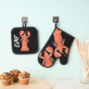 Modern Lobster Hand Painted Pattern Oven Mitt & Pot Holder Set