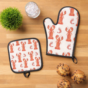 Modern Lobster Shrimp Hand Painted Pattern Oven Mitt & Pot Holder Set
