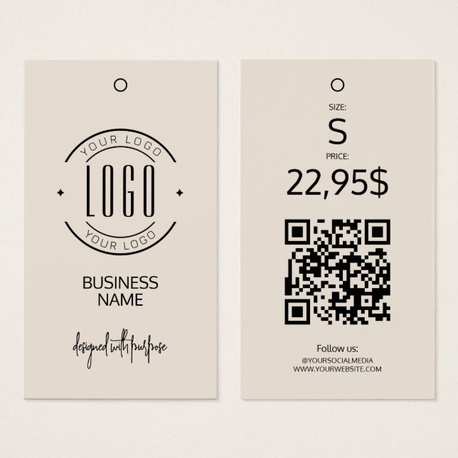 Modern logo beige QR code clothing hang tag  (Front & Back)