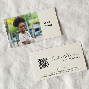 Modern Logo Boho QR Code Photo Black and White Business Card