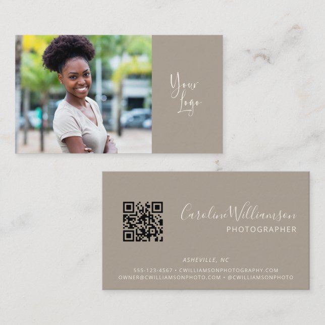 Modern Logo Boho Taupe Simple QR Code Photo Business Card (Front/Back)