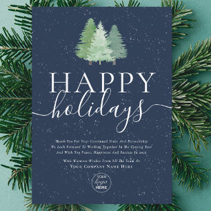 Modern Logo Christmas Fir Trees Blue Business Holiday Card