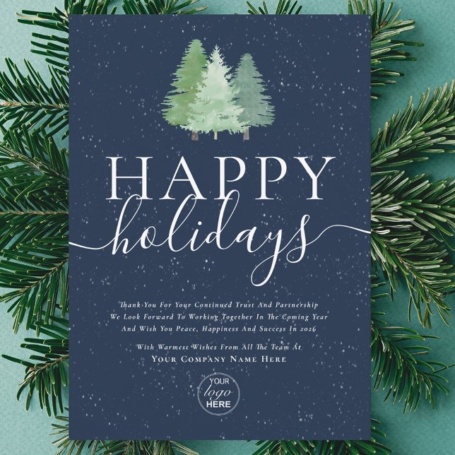 Modern Logo Christmas Fir Trees Blue Business Holiday Card (Modern logo festive trees happy holiday business navy blue & white greeting card)